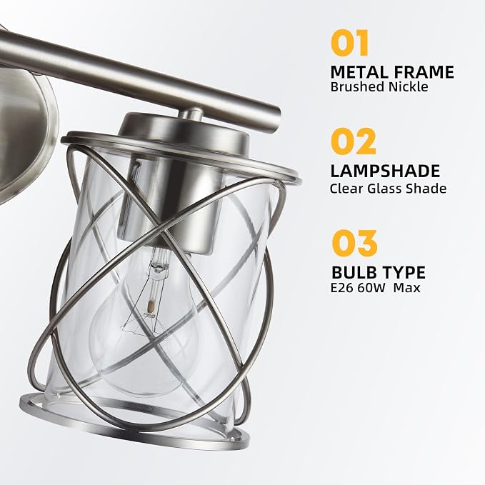 4-Lights Bathroom Vanity Lights, Bathroom Light Fixtures Over Mirror, Brushed Nickel Vanity Light, Farmhouse Wall Lights with Clear Glass Shade, Bathroom Wall Lamp for Mirror Kitchen Bedroom