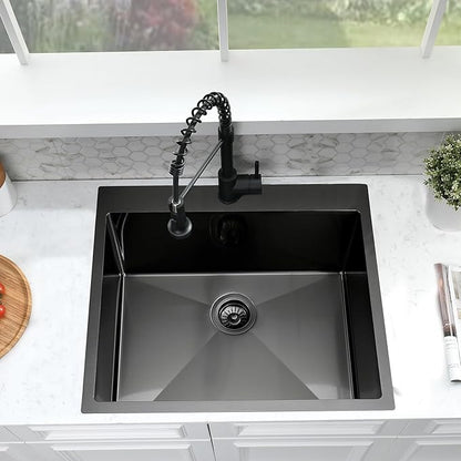 Black Drop In Laundry Sink with Faucet Combo, 25"x22"x12" Utility Sink Drop In Stainless Steel Laundry Sink 16 Gauge 12" Deep Single Bowl Kitchen Sinks