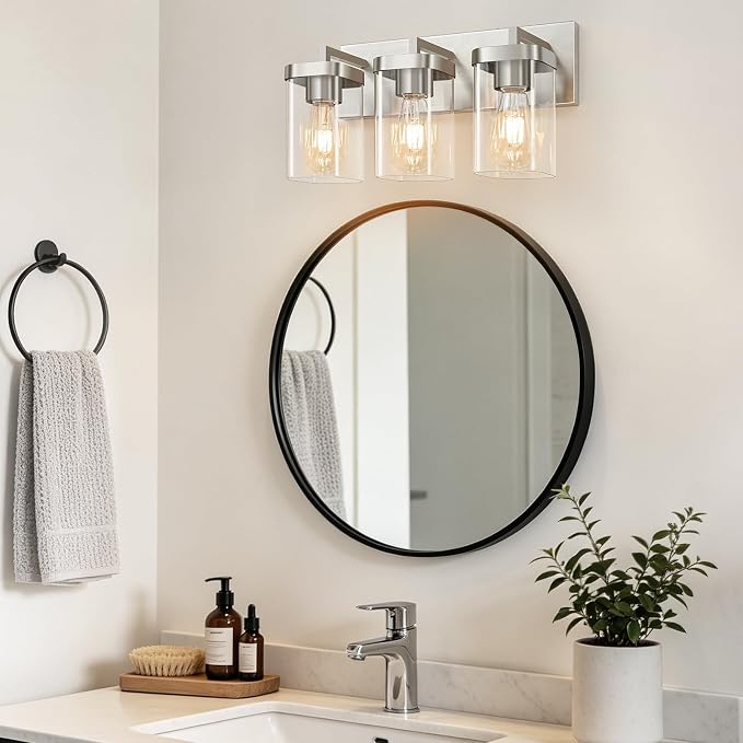 3-Light Bathroom Lighting Fixtures over Mirror, Brushed Nickel Vanity Lights with Square Transparent Glass Shade. Modern Bathroom Vanity Light for Mirror Kitchen, Living Room, Gallery, Hallway