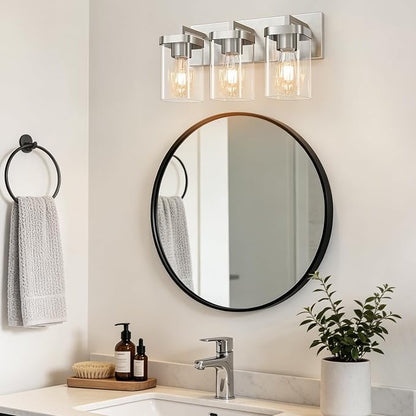 3-Light Bathroom Lighting Fixtures over Mirror, Brushed Nickel Vanity Lights with Square Transparent Glass Shade. Modern Bathroom Vanity Light for Mirror Kitchen, Living Room, Gallery, Hallway