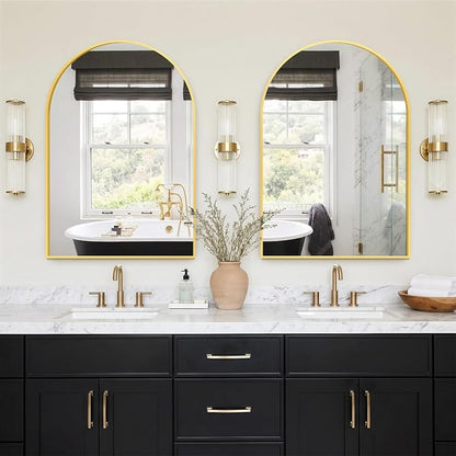 FGU Arched Bathroom Mirror for Over Sink 38"x26" Gold Vanity Mirror | Wall Mounted, HD Tempered Shatter-Proof Glass, Rust-proof Arched Metal Frame, Arch Mirror for Bedroom, Living Room, Entryway