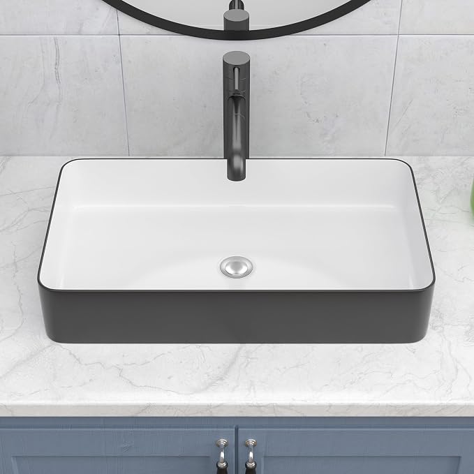 Bathroom Vessel Sink 24x14 Inch Black and White Rectangular Sink | Above Counter Large Bathroom Sink Porcelain Ceramic Large Bathroom Sink Vanity Sink Lavatory Art Basin