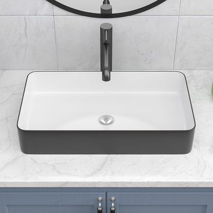 Bathroom Vessel Sink 24x14 Inch Black and White Rectangular Sink | Above Counter Large Bathroom Sink Porcelain Ceramic Large Bathroom Sink Vanity Sink Lavatory Art Basin