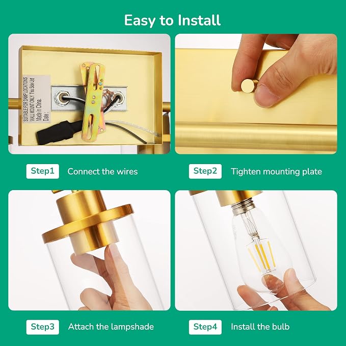 EDISHINE 2-Light Gold Vanity Lights Over Mirror, Modern Wall Sconces, E26 | Clear Glass Shades, Metal Frame with Brushed Brass Finish, Ideal for Powder Room, Vanity Table, Kitchen