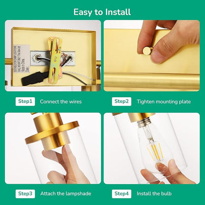 EDISHINE 2-Light Gold Vanity Lights Over Mirror, Modern Wall Sconces, E26 | Clear Glass Shades, Metal Frame with Brushed Brass Finish, Ideal for Powder Room, Vanity Table, Kitchen