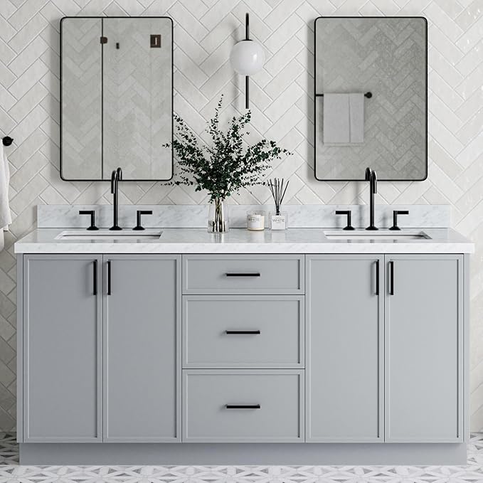 ARIEL Kelly 72-inch Bathroom Vanity with Sink,Solid Wood, 1.5-inch Italian Carrara Marble Countertop & Backsplash, Double Rectangular Porcelain Sink, 4 Soft Closing Doors, 5 Dovetail Drawers, Grey