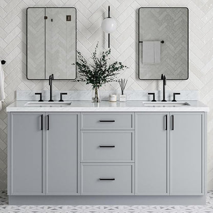 ARIEL Kelly 72-inch Bathroom Vanity with Sink,Solid Wood, 1.5-inch Italian Carrara Marble Countertop & Backsplash, Double Rectangular Porcelain Sink, 4 Soft Closing Doors, 5 Dovetail Drawers, Grey