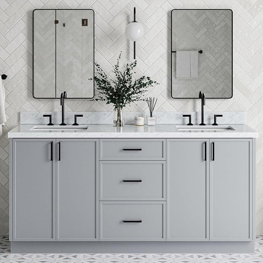 ARIEL Kelly 72-inch Bathroom Vanity with Sink,Solid Wood, 1.5-inch Italian Carrara Marble Countertop & Backsplash, Double Rectangular Porcelain Sink, 4 Soft Closing Doors, 5 Dovetail Drawers, Grey