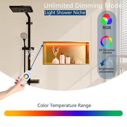 RGB LED Light Shower Niche, Gold 24X12 in Stainless Steel Wall Niche with Remote Control, Waterproof No Tile Needed Wall Niche for Bathroom Storage Over Mount Installation