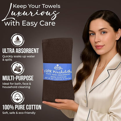 DAN RIVER 12 Pack Cotton Wash Cloths Set for Showering [12x12] Brown | Lighter Weight, Quick to Dry, Super Soft & Absorbent Face Towels, Hotel Quality, Perfect for Bathroom, Gym, Spa