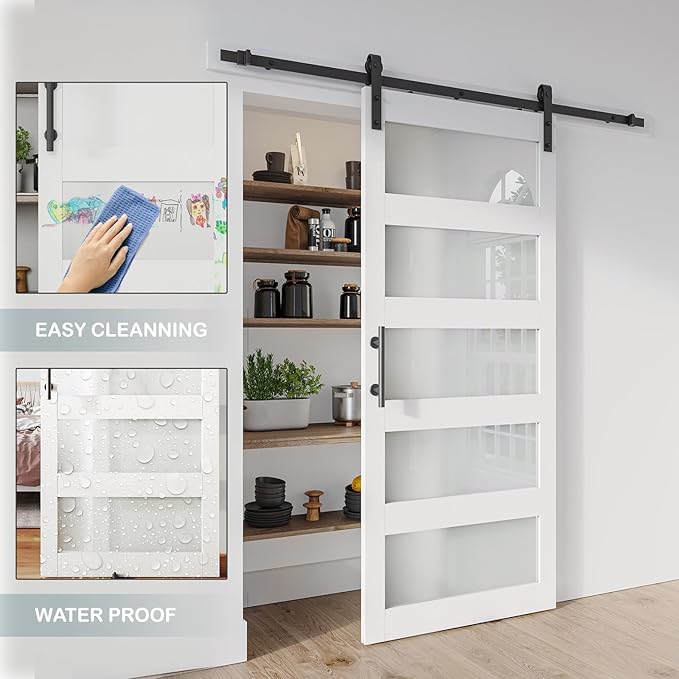 36'' x 84'' Glass Barn Door and 6.6 Ft Hardware Included, White | MDF White Barn Door Slab with Frosted Glass, PVC Surface, Combined with Handle and Floor Guide-Assembly Required
