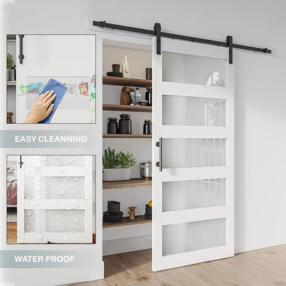 36'' x 84'' Glass Barn Door and 6.6 Ft Hardware Included, White | MDF White Barn Door Slab with Frosted Glass, PVC Surface, Combined with Handle and Floor Guide-Assembly Required