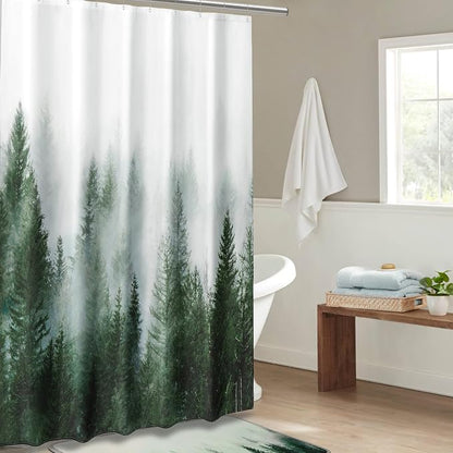 ORTIGIA 60x72 Misty Forest Stall Shower Curtain for Small Bathroom, Green Narrow Nature Woodland Shower Curtain Set with Hooks, Waterproof Fabric Pine Tree Fog Magic Home Bath Curtain