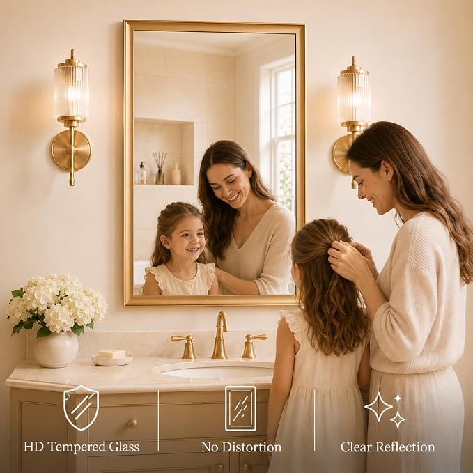 24x36 Inch Brushed Gold Bathroom Mirrors for Over Sink | Inner Arc Aluminum Frame Rectangle Vanity Mirror for Bedroom Living Room Entryway, HD Tempered Glass, Anti-Rust