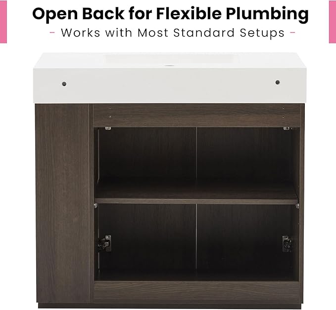 36" Bathroom Vanity with Sink Combo, Mid Century Modern Bathroom Cabinet with Doors & Open Shelf, Glossy White Integrated Sink with Overflow, Dark Grey Oak