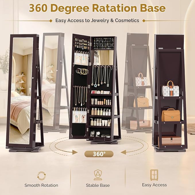Bonnlo 360° Swivel Jewelry Mirror Cabinet with Inside Makeup Mirror,Full Length Mirror with Jewelry Storage, Lockable Standing Jewelry Armoire Organizer, Espejo Oon Almacenamiento for Bedroom,Brown