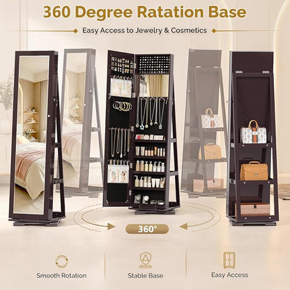 Bonnlo 360° Swivel Jewelry Mirror Cabinet with Inside Makeup Mirror,Full Length Mirror with Jewelry Storage, Lockable Standing Jewelry Armoire Organizer, Espejo Oon Almacenamiento for Bedroom,Brown