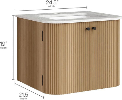 Modway Zia 24 inch Wall-Mount Bathroom Vanity in Natural with Marble Sink Basin - Floating Bathroom Cabinet with Fluted Design