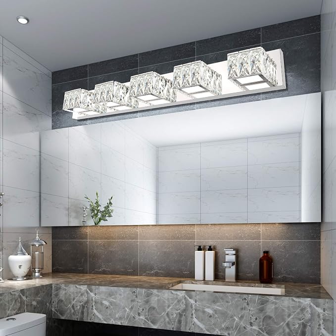 5 Lights Bathroom Vanity Light - Crystal Modern Bathroom Light Fixtures - 30W Dimmable Vanity LED Lights for Restroom - Chrome Bath Light bar Cool White Light