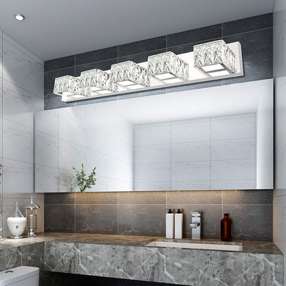 5 Lights Bathroom Vanity Light - Crystal Modern Bathroom Light Fixtures - 30W Dimmable Vanity LED Lights for Restroom - Chrome Bath Light bar Cool White Light