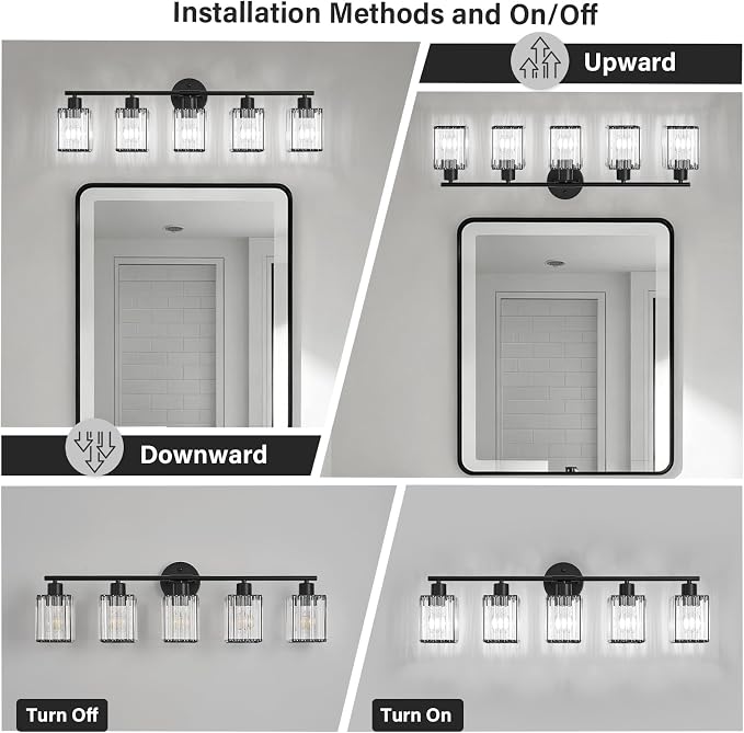5 Light Bathroom Light Fixtures, Modern Crystal Vanity Lights over Mirror | Metal Frame, Bathroom Light with Square Crystal Shade, ETL Certified, E26 Ceramic Socket, Bulbs Not Included