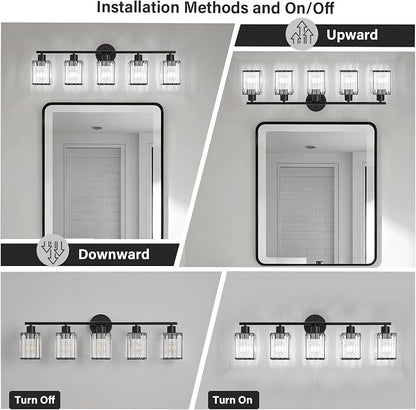 5 Light Bathroom Light Fixtures, Modern Crystal Vanity Lights over Mirror | Metal Frame, Bathroom Light with Square Crystal Shade, ETL Certified, E26 Ceramic Socket, Bulbs Not Included