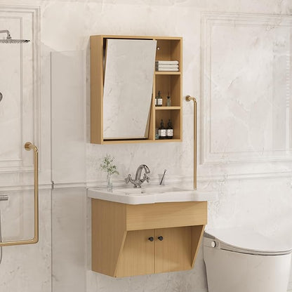 24" Floating Vanity ADA Compliant Modern Wall-Mount Small Bathroom Vanity with Ceramics Sink Modern Hand & Mirror Cabinet Combo with Two Doors for Elderly, Seniors, Handicap & Disabled