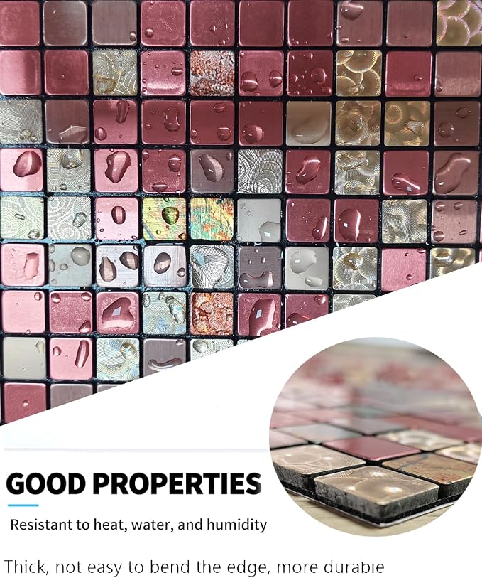 10 Sheets Peel and Stick Backsplash Tile for Kitchen, Self Adhesive wall Tiles, Stick on Bathroom Vanities, Fireplace Decor, Laundry Table (Red Mixed)
