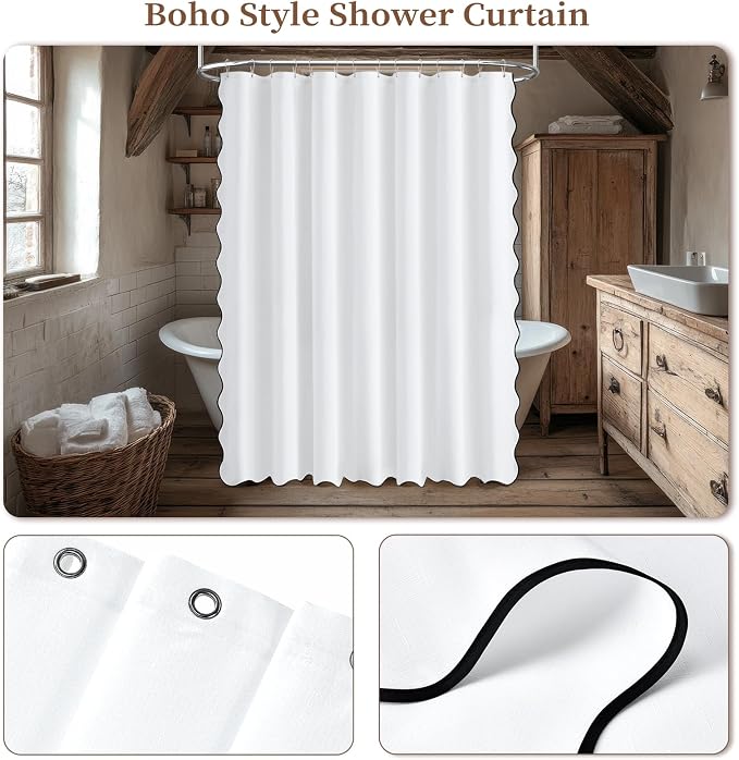 BTTN 84x72 Boho Scalloped Linen Textured Cloth Shower Curtain Set, White | Wide Size, 230GSM Waterproof Polyester, Heavy Duty Fabric, 14 Plastic Hooks, Elegant Modern Farmhouse Style, Machine Washable