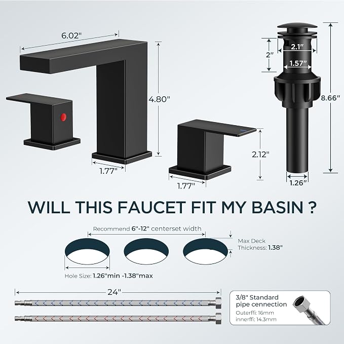 FORIOUS Waterfall Black Bathroom Faucet 3 Hole, 8 Inch Widespread Faucets | Waterfall Bathroom Faucet Widespread, Matte Black Faucet for Bathroom Sink 3 Holes Vanity with Drain and Hoses for Wholesale