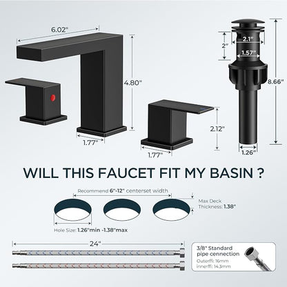 FORIOUS Waterfall Black Bathroom Faucet 3 Hole, 8 Inch Widespread Faucets | Waterfall Bathroom Faucet Widespread, Matte Black Faucet for Bathroom Sink 3 Holes Vanity with Drain and Hoses for Wholesale