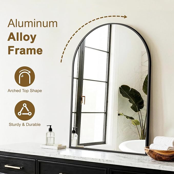 FGU Arched Bathroom Mirror for Over Sink 30"x20" Black Vanity Mirror | Wall Mounted, HD Tempered Shatter-Proof Glass, Rust-proof Arched Metal Frame, Arch Mirror for Bedroom, Living Room, Entryway