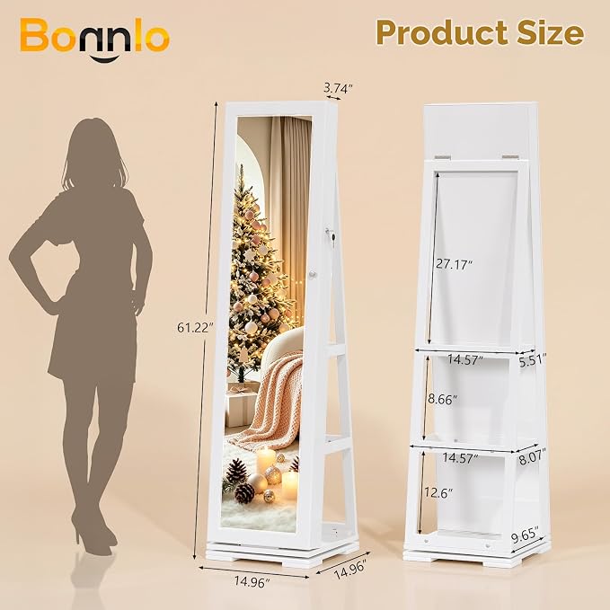 Bonnlo 360° Swivel Jewelry Mirror Cabinet with Inside Makeup Mirror,Full Length Mirror with Jewelry Storage, Lockable Standing Jewelry Armoire Organizer, Espejo Oon Almacenamiento for Bedroom,White