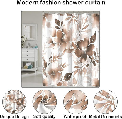 Floral Shower Curtain, Brown Watercolor Flower Shower Curtains for Bathroom, Modern Minimalist Waterproof Fabric Bath Decoration 72x72 Inch