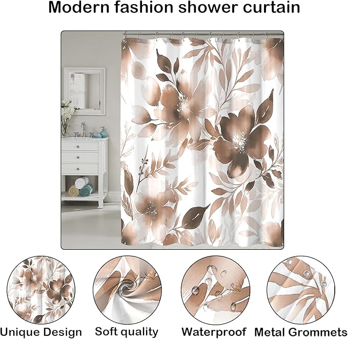 Floral Shower Curtain, Brown Watercolor Flower Shower Curtains for Bathroom, Modern Minimalist Waterproof Fabric Bath Decoration 72x84 Inch