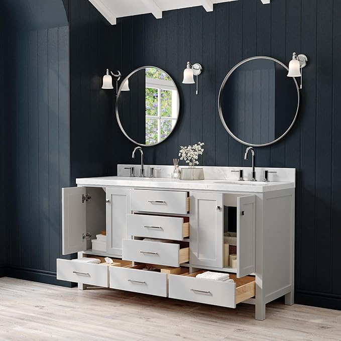 ARIEL Cambridge 66-inch Bathroom Vanity with Sink,Solid Wood, 1.5-inch Carrara White Quartz Countertop & Backsplash, Double Oval Porcelain Sink, 4 Soft Closing Doors, 6 Dovetail Drawers, Grey