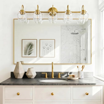 Brushed Gold Vanity Light, 5 Light Bathroom Light Fixtures with Clear Diamond-Shape Hammered Glass, Brass Vintage Ripple Wall Lights for Hallway, Bedroom, Anti-Rust, E26 Base (No Bulbs)