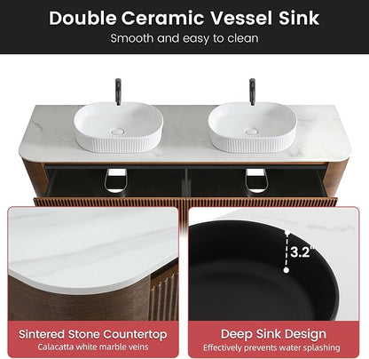 72" Floating Bathroom Vanity with Double White Sink, Walnut | Pre-Assembled Fluted Wall Mounted Vanity with Sintered Stone Countertop, Rounded Edges, Soft-Close Drawers & Towel Rack