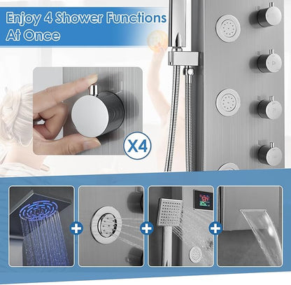 ROVOGO Shower Panel Tower with Rainfall Shower, Body Jets, Handheld and Tub Spout, No Battery Needed Led Lights and Temp Display, Unibody Shower Column 304 Stainless Steel, Brushed