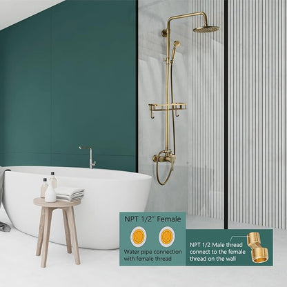 Heyalan Antique Brass Exposed Pipe Shower System 8 Inch Rainfall Shower Head Fixture Combo Set Single Handle with Handheld Sprayer Bathroom Shower Faucet Adjustable Showerhead Bar with Shower Shelf