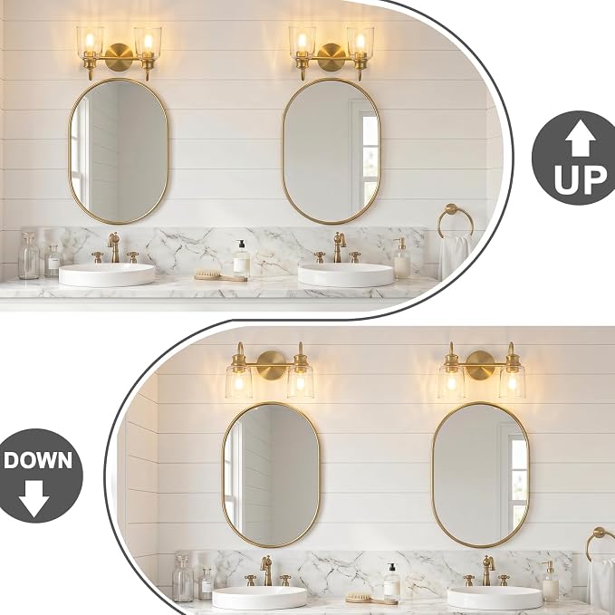 2 Lights Bathroom Light Fixtures Modern Gold Vanity Lights | ETL Certificate, Easy to Install,Wall Mount Up or Down,Thickened Glass Lampshade,E26 Socket,Hardwired