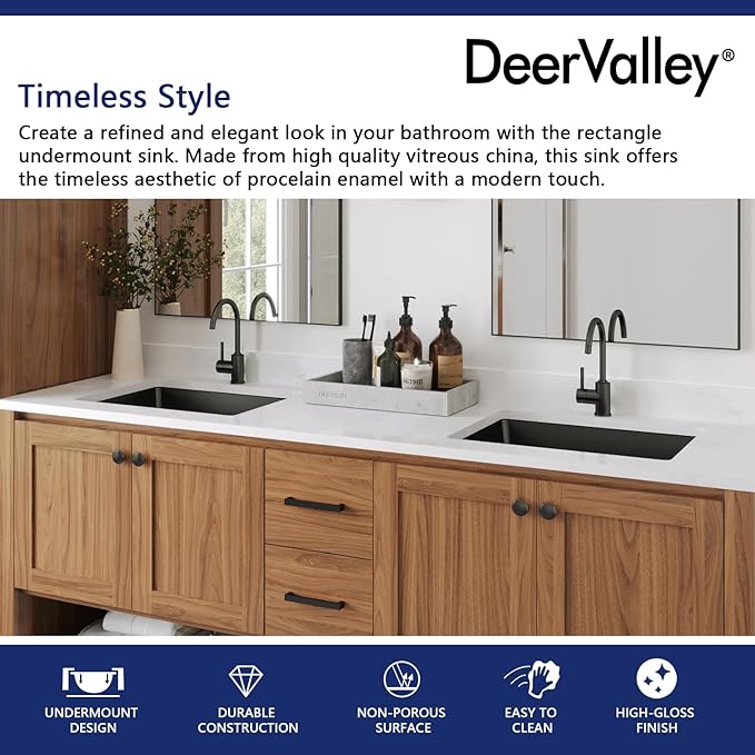 DeerValley 20x16 Inch Black Rectangular Undermount Bathroom Sink, Porcelain Ceramic Vessel Sink with Overflow, Modern Vanity Basin, DV-1U201B