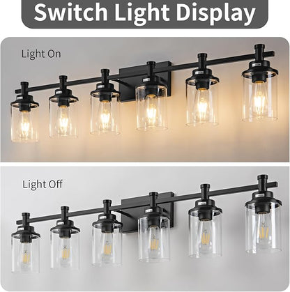 Modern Black Bathroom Vanity Lighting Over Mirror,6 Lights Bathroom Vanity Lights with Clear Glass Shade, Metal Vanity Lights for Bathroom,Bedroom,Living Room