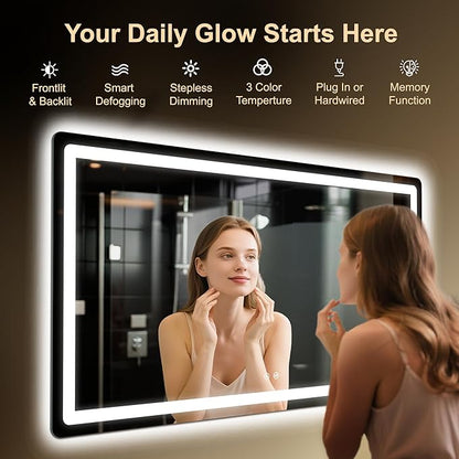 LED Bathroom Mirror, 30"x55" Bathroom Vanity Mirror with Lights for Wall, Smart Anti-Fog, Stepless Dimmable with 3 Color Mode, Backlit + Front Lit, Memory Function, ETL Listed