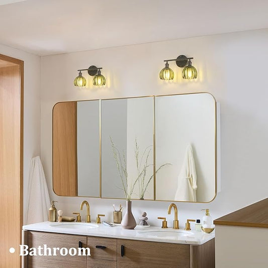 Bathroom Light Fixtures, 2-Light Black Vanity wall Light Over Mirror with Green Tulip Glass Shade for Bedroom Living Room (Bulb Not Included)