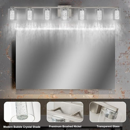 SineRise 7-Light Brushed Nickel Vanity With 3 Color Modes (3000K/4000K/6000K), Eye Protection LED Bathroom Fixture, Dimmable Modern Wall Light Over Mirror With Clear Glass Shade