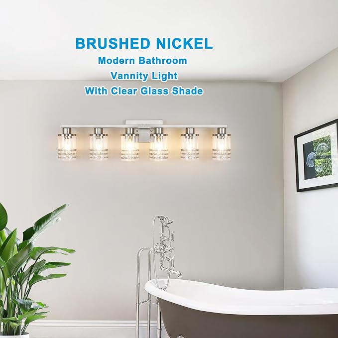 YYT 6-Light Bathroom Vanity Light Brushed Nicekl 6 Light Vanity Lights for Bathroom Light Fixtures Brushed Nicekl with Clear Glass Shade E26 Scoket