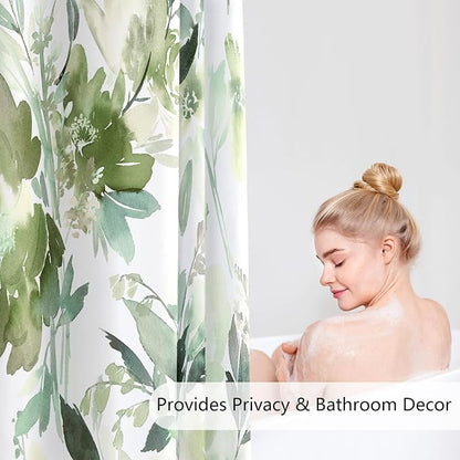 MAYZUS Olive Green Watercolor Floral Shower Curtain for Bathroom, 72x72 | Modern Abstract Flower Decorative Fabric Shower Curtain Set with Hooks