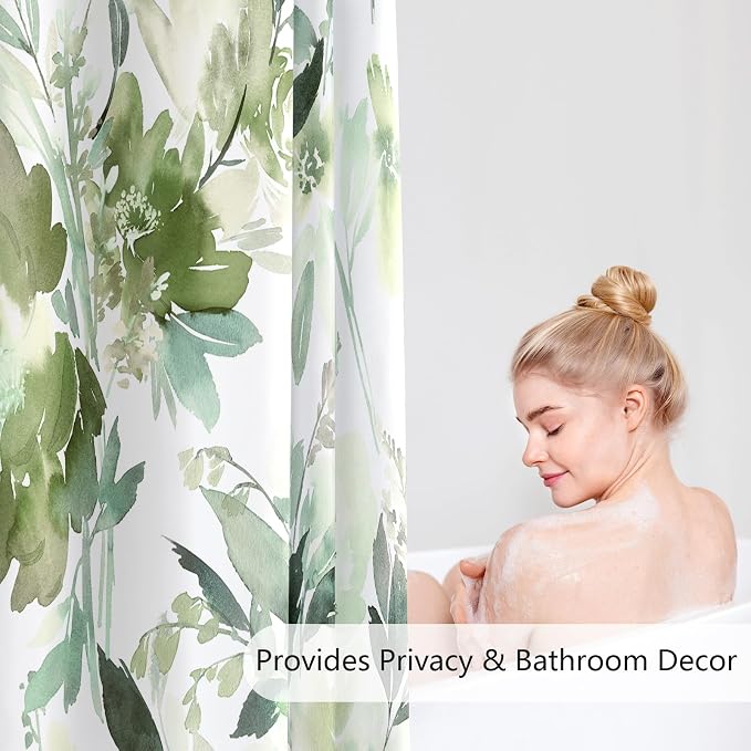 Extra Long Shower Curtain 72 x 84 Inch, Tall Olive Green Floral Decor | Watercolor Floral Modern Abstract Flower Bathroom Fabric Shower Curtain Set with Hooks