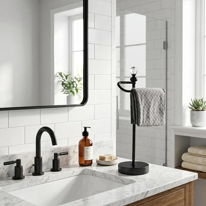 ROLABAM Heavy Weighted Hand Towel Holder(with Crystal Ball) Standing Hand Towel Holder Total Height 15.7'' for Kitchen,Bathroom,Vanity,Classic Decorative Metal Hand Towel Stand,Matte Black